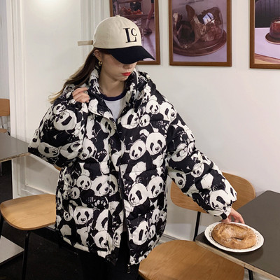FORERUN Jachetă de iarnă drăguță, la modă coreeană, haină supradimensionată cu bule, panda de desene animate, cu inimă, imprimată cu glugă, parka cu glugă, manteau pentru femei.