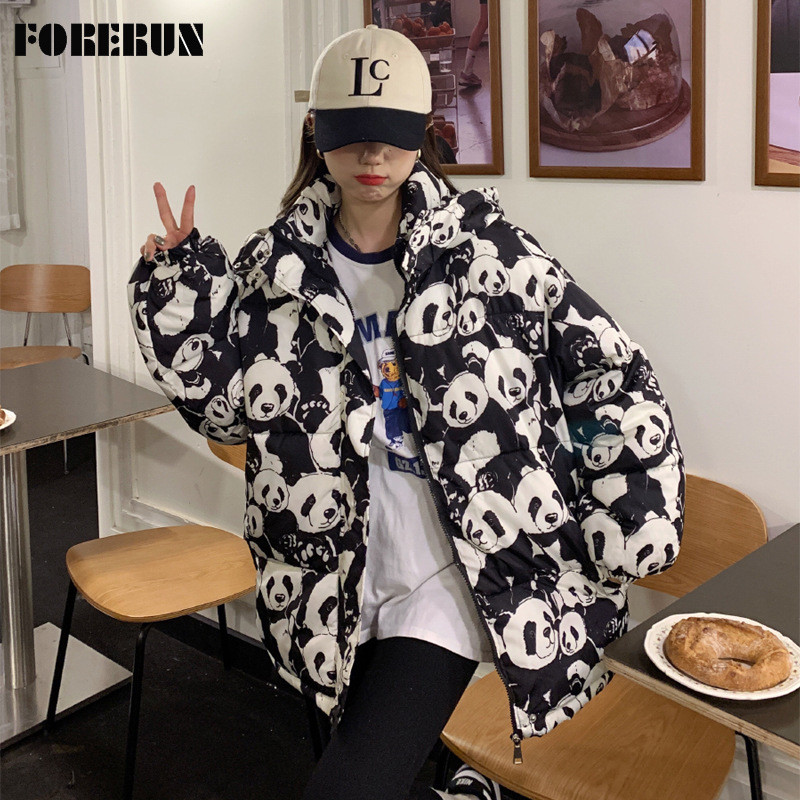 FORERUN Jachetă de iarnă drăguță, la modă coreeană, haină supradimensionată cu bule, panda de desene animate, cu inimă, imprimată cu glugă, parka cu glugă, manteau pentru femei.