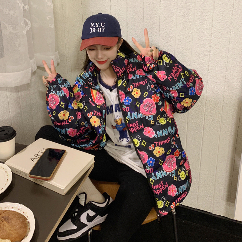 FORERUN Jachetă de iarnă drăguță, la modă coreeană, haină supradimensionată cu bule, panda de desene animate, cu inimă, imprimată cu glugă, parka cu glugă, manteau pentru femei.