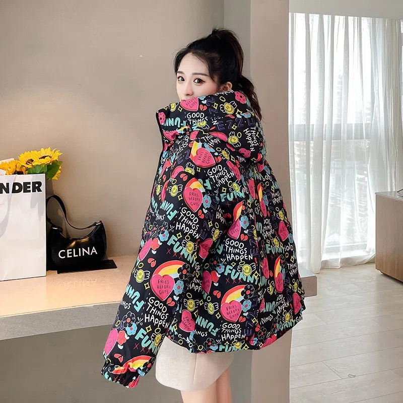 Palton de iarnă imprimat pentru femei 2023, la modă, din bumbac, căptușit, jachetă scurtă cu glugă, pentru femei, îngroșată, caldă, parka, îmbrăcăminte casual