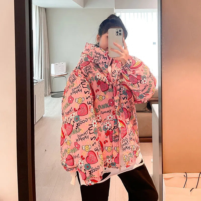 Palton de iarnă imprimat pentru femei 2023, la modă, din bumbac, căptușit, jachetă scurtă cu glugă, pentru femei, îngroșată, caldă, parka, îmbrăcăminte casual