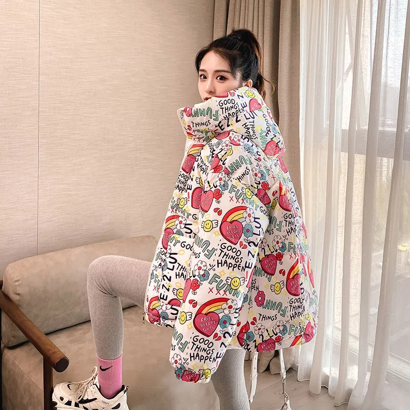 Palton de iarnă imprimat pentru femei 2023, la modă, din bumbac, căptușit, jachetă scurtă cu glugă, pentru femei, îngroșată, caldă, parka, îmbrăcăminte casual