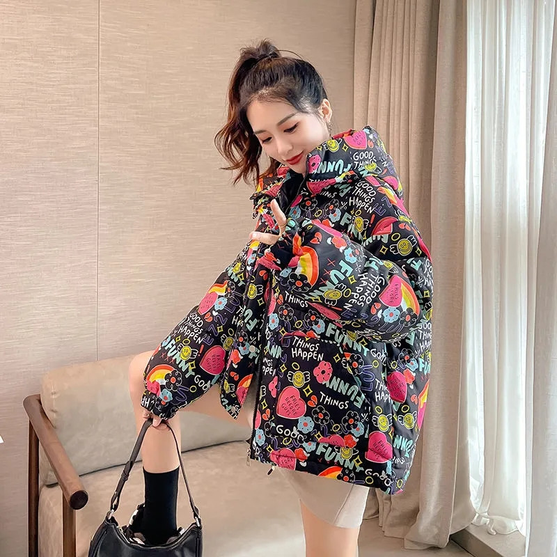 Palton de iarnă imprimat pentru femei 2023, la modă, din bumbac, căptușit, jachetă scurtă cu glugă, pentru femei, îngroșată, caldă, parka, îmbrăcăminte casual