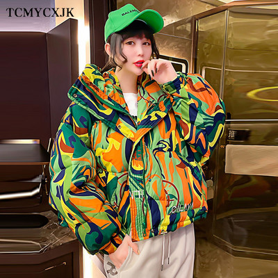 Jachete din bumbac imprimate cu graffiti color, iarna 2023, jachetă scurtă pentru femei, cu glugă, la modă de stradă, haine mari, haine femei