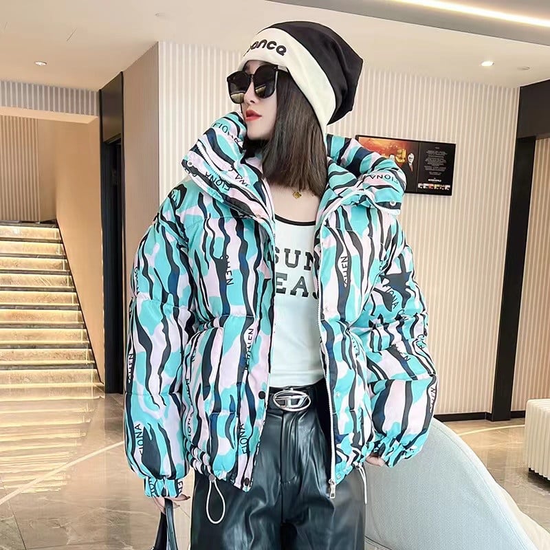 Jachete din bumbac imprimate cu graffiti color, iarna 2023, jachetă scurtă pentru femei, cu glugă, la modă de stradă, haine mari, haine femei