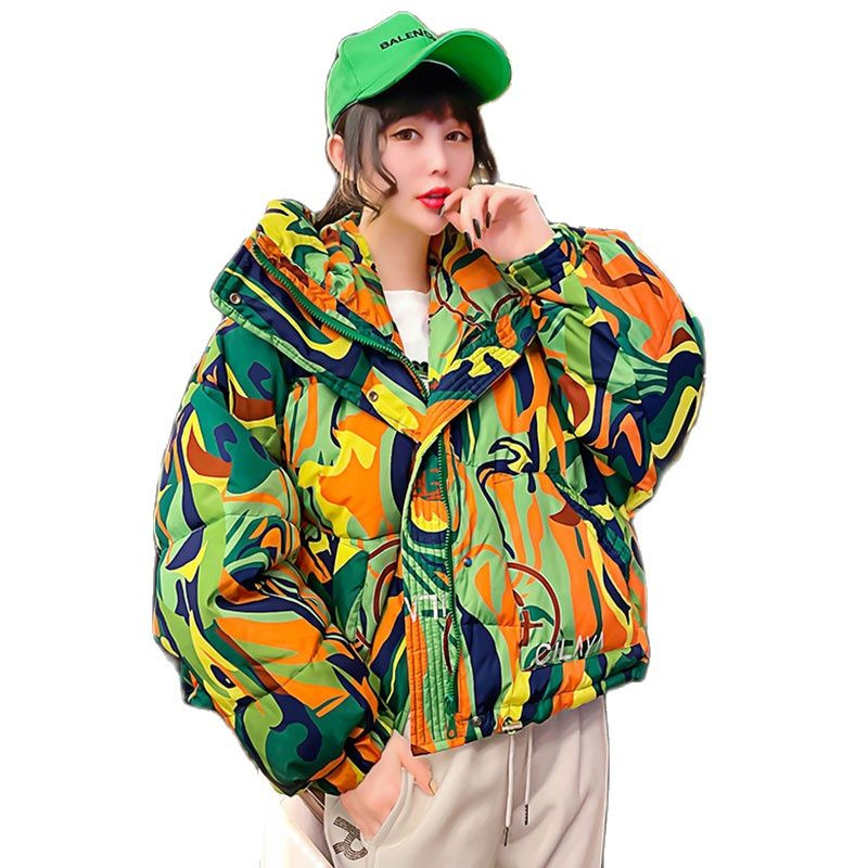 Jachete din bumbac imprimate cu graffiti color, iarna 2023, jachetă scurtă pentru femei, cu glugă, la modă de stradă, haine mari, haine femei