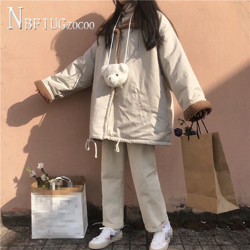 Cu două fețe poate purta imitație de lână de miel pentru femei Parka pentru studenți, jachetă groasă în stil preppy coreean pentru femei