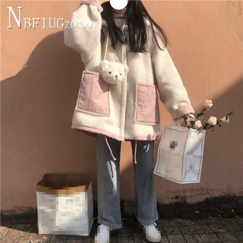 Cu două fețe poate purta imitație de lână de miel pentru femei Parka pentru studenți, jachetă groasă în stil preppy coreean pentru femei