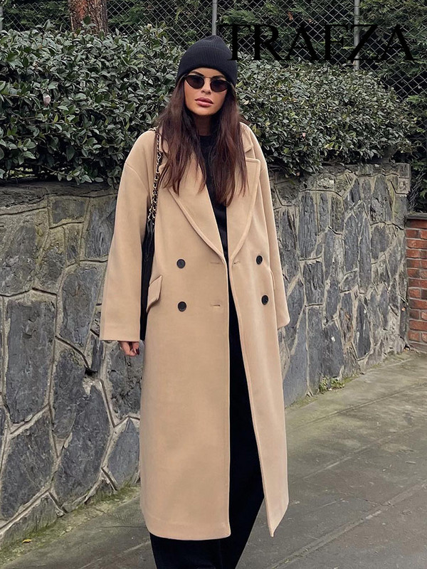 TRAFZA Palton drept de damă cu revere ocazional la dublu piept de birou, haină lungă de damă, toamnă iarnă, culoare uni, haină de stradă pentru femei