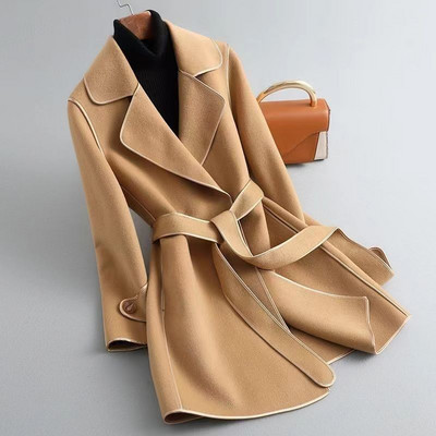 2023 m. Moterų rudens, žiemos naujos mados ir atmosferos korėjietiška versija, plonai prigludęs ir juosmens apvyniotas vilnonis dvipusis aksominis paltas