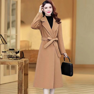 2023 m. Moterų rudens, žiemos naujos mados ir atmosferos korėjietiška versija, plonai prigludęs ir juosmens apvyniotas vilnonis dvipusis aksominis paltas