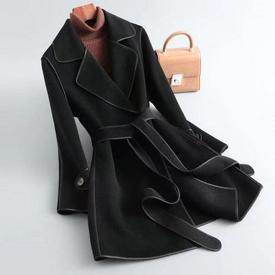 2023 m. Moterų rudens, žiemos naujos mados ir atmosferos korėjietiška versija, plonai prigludęs ir juosmens apvyniotas vilnonis dvipusis aksominis paltas