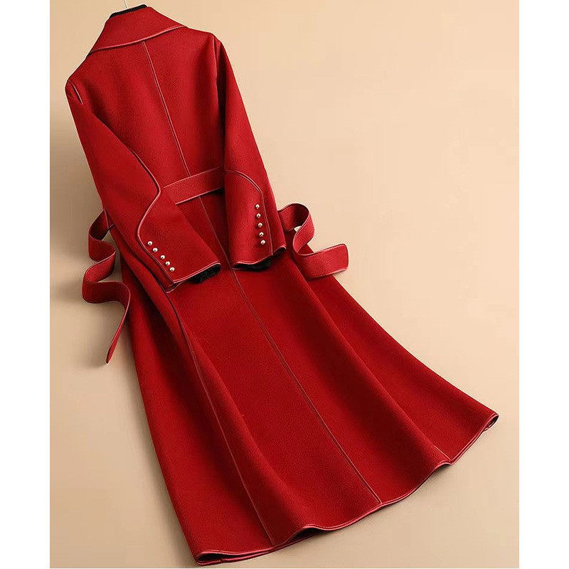 2023 m. Moterų rudens, žiemos naujos mados ir atmosferos korėjietiška versija, plonai prigludęs ir juosmens apvyniotas vilnonis dvipusis aksominis paltas