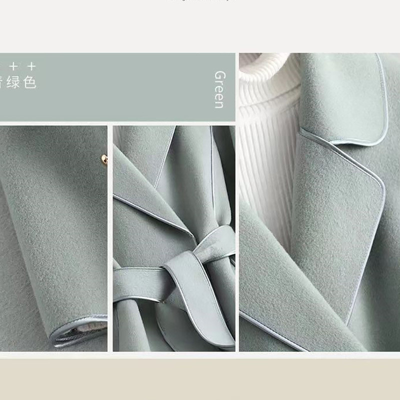 2023 m. Moterų rudens, žiemos naujos mados ir atmosferos korėjietiška versija, plonai prigludęs ir juosmens apvyniotas vilnonis dvipusis aksominis paltas