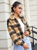 ZAFUL Plaid Drop Shoulder Teddy Striukė Dirbtinio kailio moteriški viršutiniai drabužiai