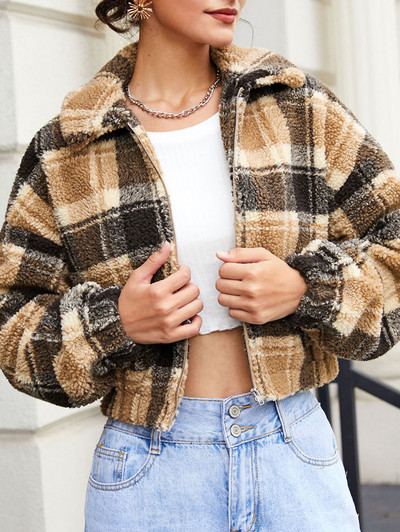 ZAFUL Plaid Drop Shoulder Teddy Striukė Dirbtinio kailio moteriški viršutiniai drabužiai