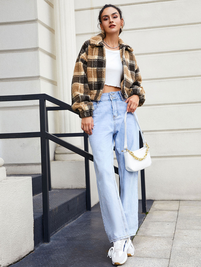 ZAFUL Plaid Drop Shoulder Teddy Striukė Dirbtinio kailio moteriški viršutiniai drabužiai