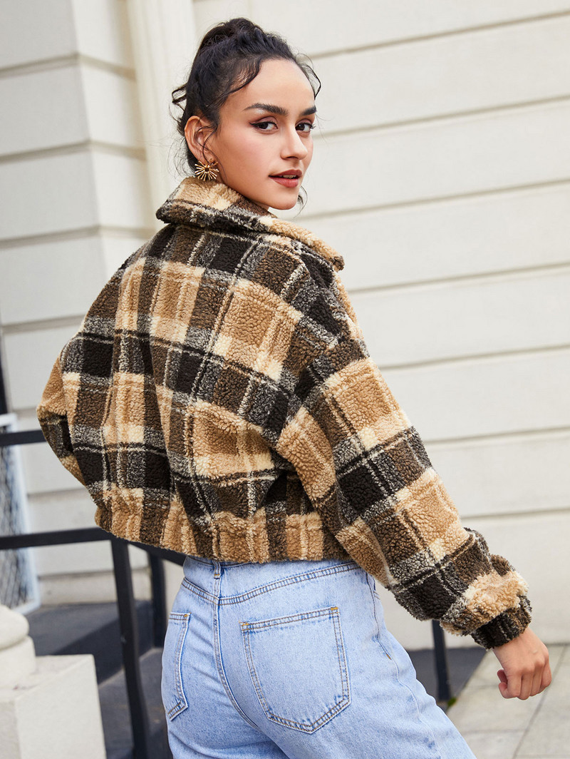 ZAFUL Plaid Drop Shoulder Teddy Striukė Dirbtinio kailio moteriški viršutiniai drabužiai