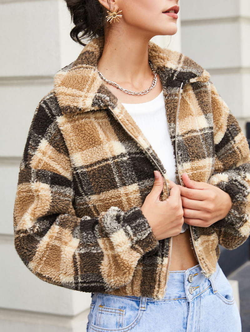 ZAFUL Plaid Drop Shoulder Teddy Striukė Dirbtinio kailio moteriški viršutiniai drabužiai