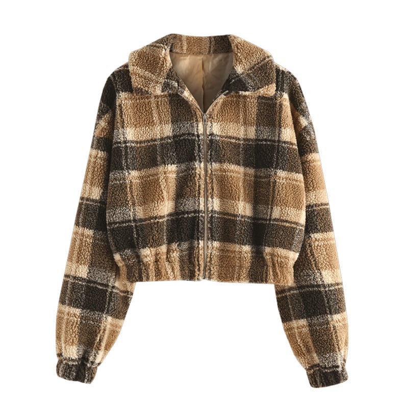 ZAFUL Plaid Drop Shoulder Teddy Striukė Dirbtinio kailio moteriški viršutiniai drabužiai