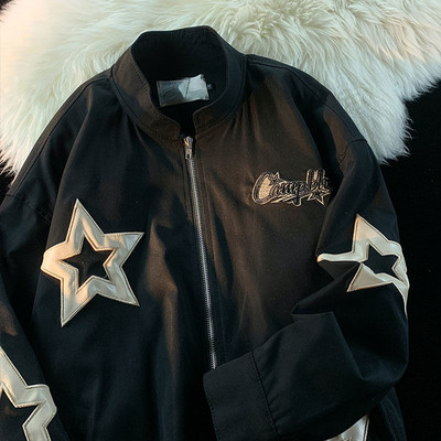 Deeptown Vintage Bomber Jacket Women Star Girl Y2k Streetwear Harajuku Oversize Корейски модни черни якета, бродерия с цип