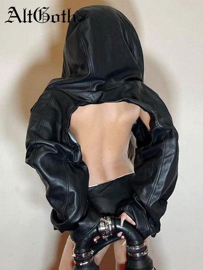 AltGoth Cyberpunk Dark Gothic Pu Crop Jakna Ženska Harajuku Streetwear Hip Hop Emo Alt Kožna jakna s kapuljačom dugih rukava Ženska