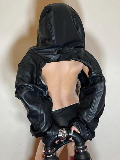 AltGoth Cyberpunk Dark Gothic Pu Jachetă Crop Femei Harajuku Streetwear Hip Hop Emo Alt Manecă lungă din piele cu glugă Mantoane Femei