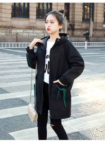 Модни ветровки Палта Връхни дрехи с качулка 2022 Пролет Есен Нови свободни черни якета с джоб Дамски дрехи P54