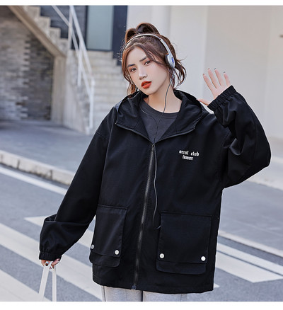 Veste de vânt la modă Îmbrăcăminte exterioară cu glugă 2022, primăvară toamnă, jachete negre cu buzunar largi, haine pentru femei P54