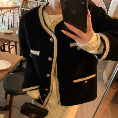 Rudens žiemos raudona avinėlio striukė Moteriškas dirbtinis kailis Integruoti švarkai Moteriški viršutiniai drabužiai Korėjos moteriški paltai 2023 m. Manteau Femme