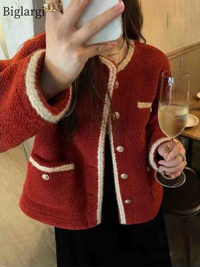 Rudens žiemos raudona avinėlio striukė Moteriškas dirbtinis kailis Integruoti švarkai Moteriški viršutiniai drabužiai Korėjos moteriški paltai 2023 m. Manteau Femme