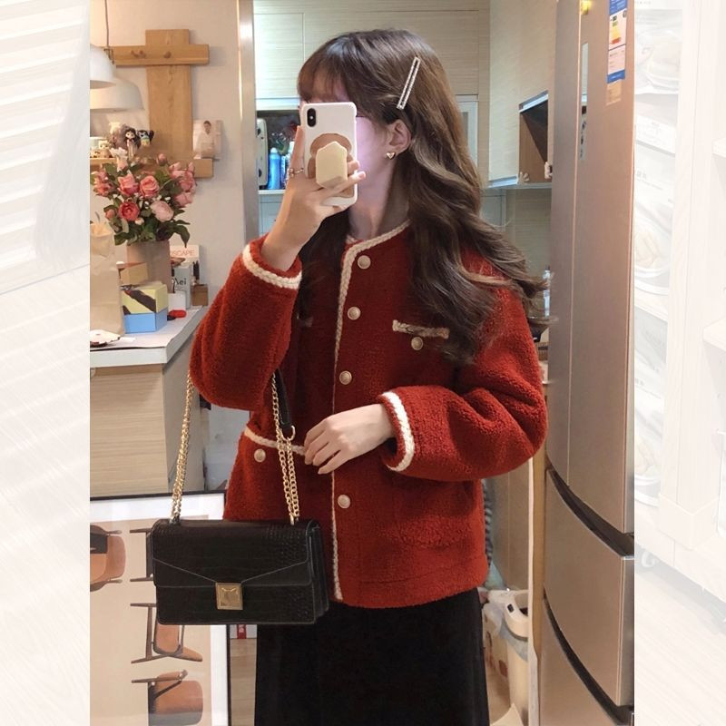 Rudens žiemos raudona avinėlio striukė Moteriškas dirbtinis kailis Integruoti švarkai Moteriški viršutiniai drabužiai Korėjos moteriški paltai 2023 m. Manteau Femme