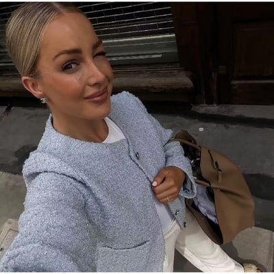 Tvido moteriški trumpi paltai 2023 m. rudens žiemos elegantiškas ilgomis rankovėmis nutrintas striukė Moteriškas prašmatnus O formos kaklo kišeninis moteriškas paltas