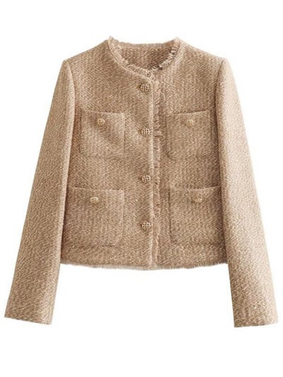 Tvido moteriški trumpi paltai 2023 m. rudens žiemos elegantiškas ilgomis rankovėmis nutrintas striukė Moteriškas prašmatnus O formos kaklo kišeninis moteriškas paltas