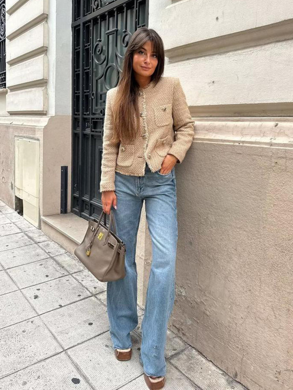 Tvido moteriški trumpi paltai 2023 m. rudens žiemos elegantiškas ilgomis rankovėmis nutrintas striukė Moteriškas prašmatnus O formos kaklo kišeninis moteriškas paltas