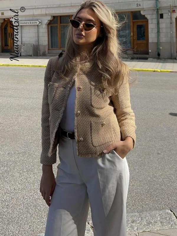 Tvido moteriški trumpi paltai 2023 m. rudens žiemos elegantiškas ilgomis rankovėmis nutrintas striukė Moteriškas prašmatnus O formos kaklo kišeninis moteriškas paltas