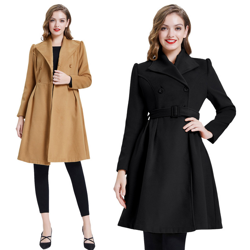 Belle Poque Rochie la două piept pentru femei Jachetă de iarnă Trench cu centură Retro guler cu rever Amestec de lână Îmbrăcăminte exterioară A30