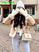 T MODA 2023 Moteriška madinga stora šilta dirbtinės vilnos striukė moteriška vintažinė ilgomis rankovėmis kišeninė kailis su užtrauktuku Prašmatnus viršutinis drabužis