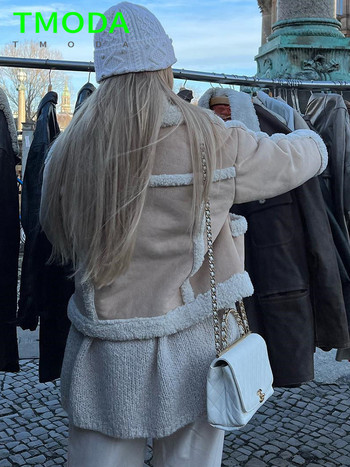 T MODA 2023 Дамско модно дебело топло яке от пачуърк от изкуствен полар Дамско ретро палто с джоб и цип с дълъг ръкав Шикозно връхно облекло