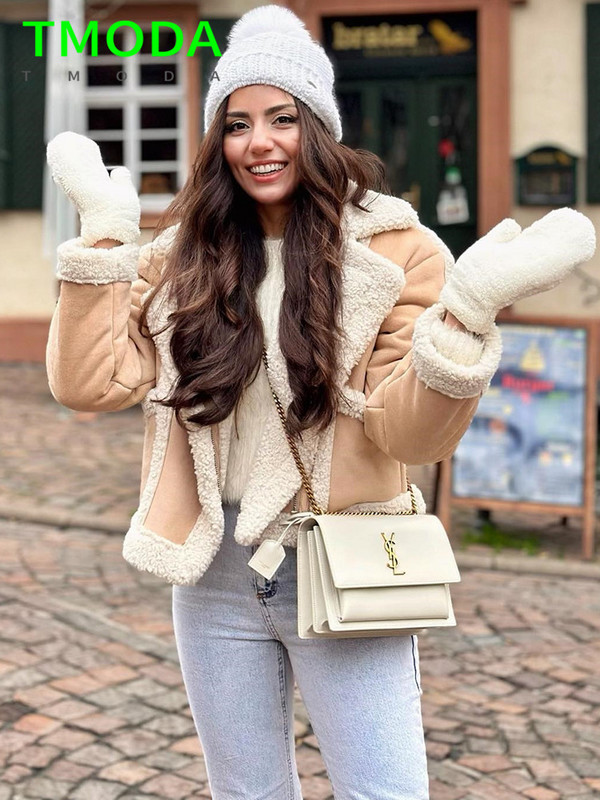 T MODA 2023 Moteriška madinga stora šilta dirbtinės vilnos striukė moteriška vintažinė ilgomis rankovėmis kišeninė kailis su užtrauktuku Prašmatnus viršutinis drabužis