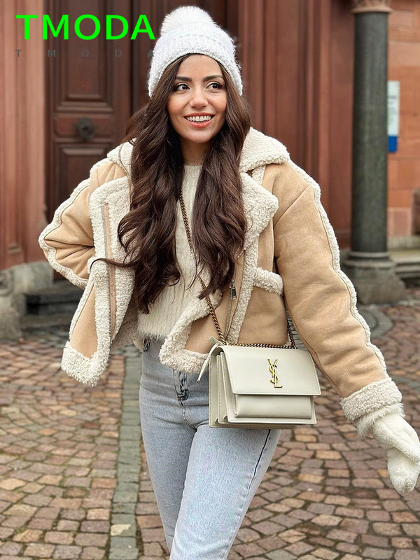 T MODA 2023 Moteriška madinga stora šilta dirbtinės vilnos striukė moteriška vintažinė ilgomis rankovėmis kišeninė kailis su užtrauktuku Prašmatnus viršutinis drabužis