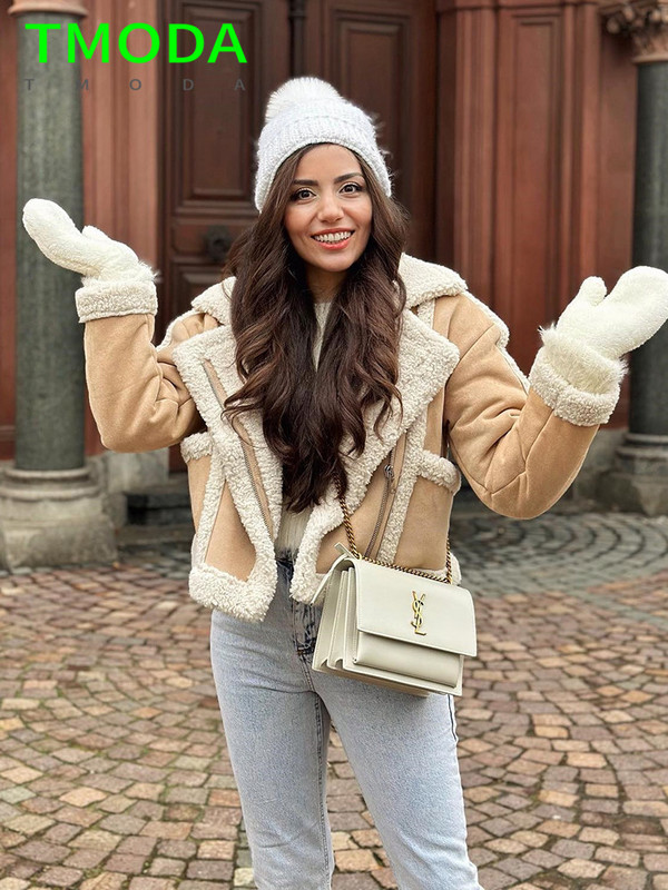 T MODA 2023 Moteriška madinga stora šilta dirbtinės vilnos striukė moteriška vintažinė ilgomis rankovėmis kišeninė kailis su užtrauktuku Prašmatnus viršutinis drabužis