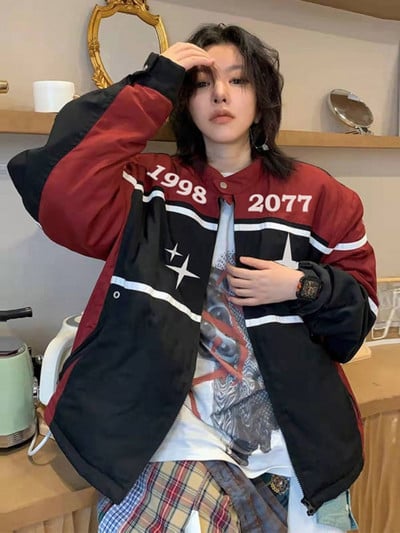 Deeptown American Retro Red Racer striukės Moterys Y2k Harajuku Streetwear Vintage Bomber striukė 2000 m. Su užtrauktuku Pora Paltai Rudens