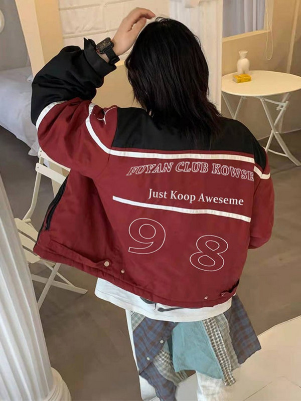 Deeptown American Retro Roșu Racer Jachete Femei Y2k Harajuku Streetwear Vintage Bomber Jacket Ani 2000 Mantouri de cuplu cu fermoar toamna
