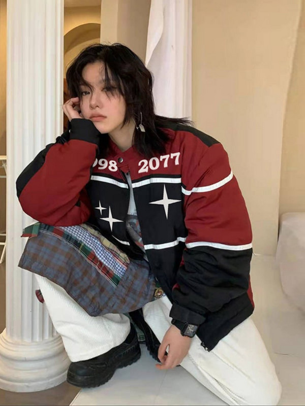 Deeptown American Retro Roșu Racer Jachete Femei Y2k Harajuku Streetwear Vintage Bomber Jacket Ani 2000 Mantouri de cuplu cu fermoar toamna