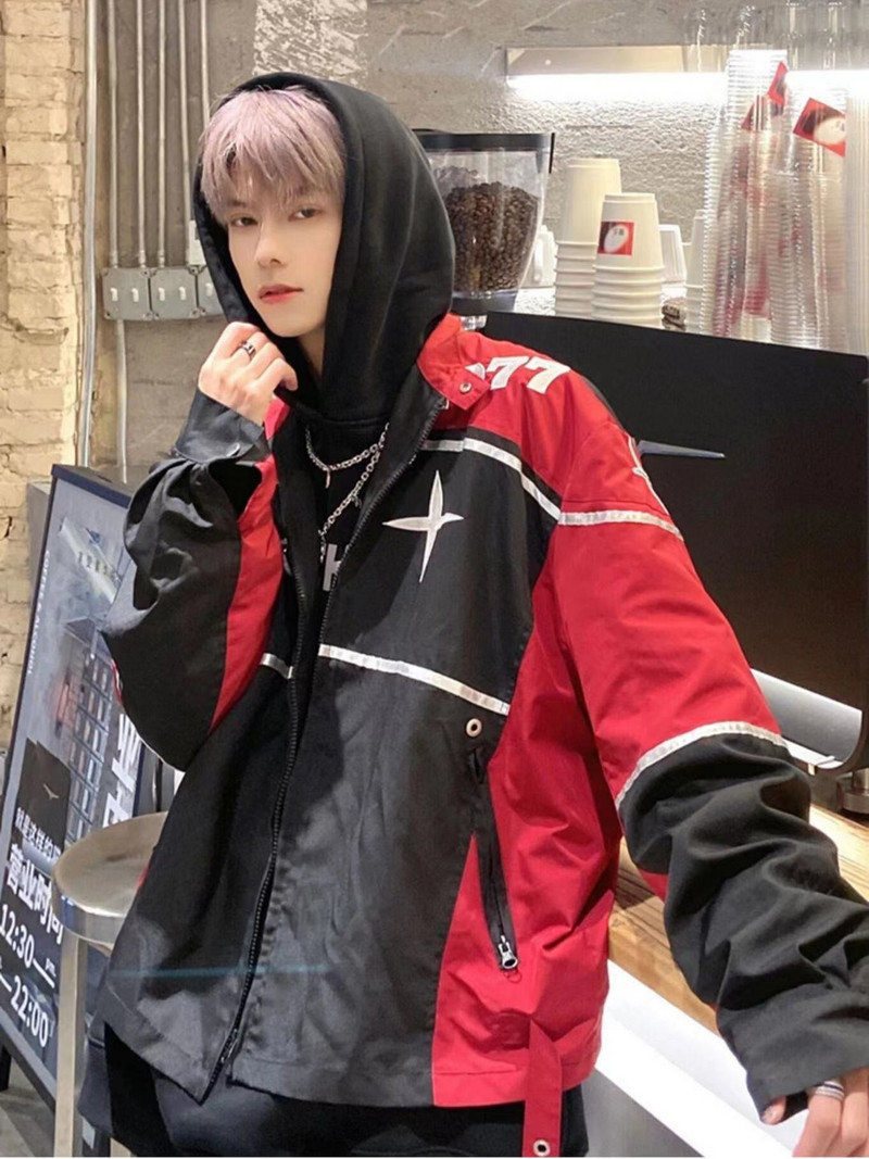 Deeptown American Retro Roșu Racer Jachete Femei Y2k Harajuku Streetwear Vintage Bomber Jacket Ani 2000 Mantouri de cuplu cu fermoar toamna