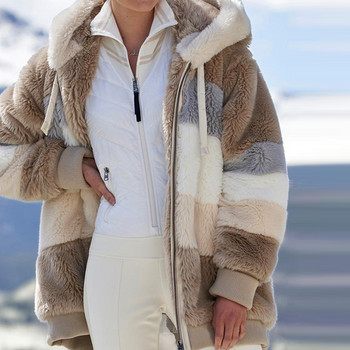 Зимно дамско яке Топло плюшено ежедневно свободно палто с качулка Смесен цвят пачуърк Зимно горно облекло Дамско палто с цип от изкуствена кожа