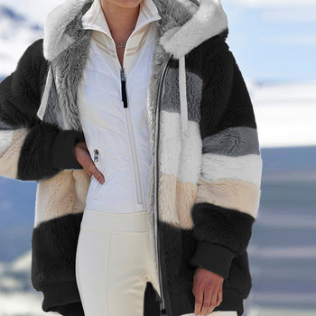 Зимно дамско яке Топло плюшено ежедневно свободно палто с качулка Смесен цвят пачуърк Зимно горно облекло Дамско палто с цип от изкуствена кожа