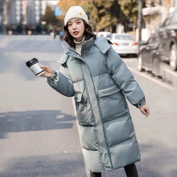 Пухено памучно яке Дамско зимно облекло 2023 Ново корейско свободно палто с памучна подплата Ежедневно дълго палто Дебела топла парка с качулка