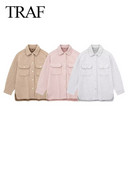 TRAF 2023, toamnă, modă pentru femei, cu mânecă lungă, îmbrăcăminte exterioară șic, topuri, vintage, de culoare uni, buzunare, jachetă cu rever, haină de lână